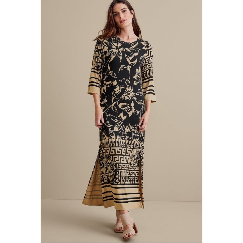 Soft Surroundings Black Tan Floral Greek Key Maxi Dress 3/4 Sleeve Medium